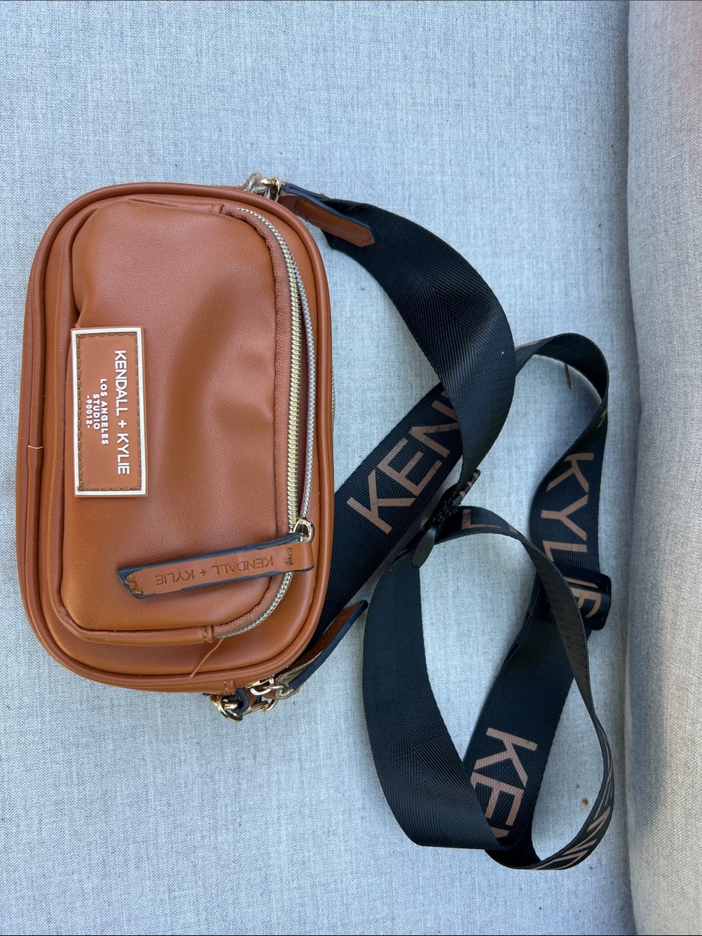 Kendall & Kylie Brown Crossbody Belt Bag with Branded Black Strap